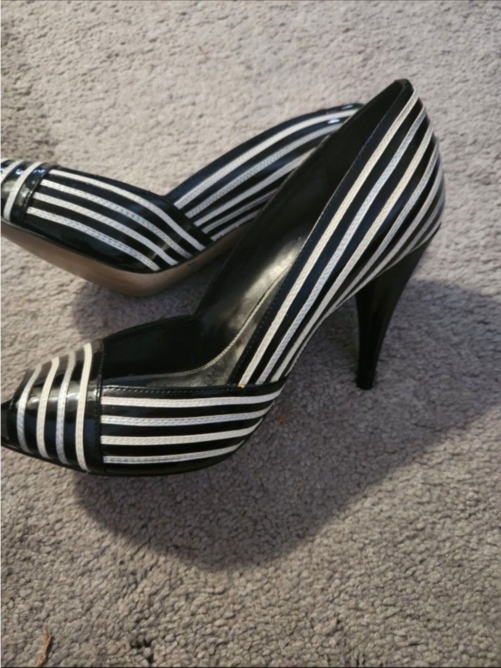 White House Black Market Black and White Striped Peep-Toe Heels
